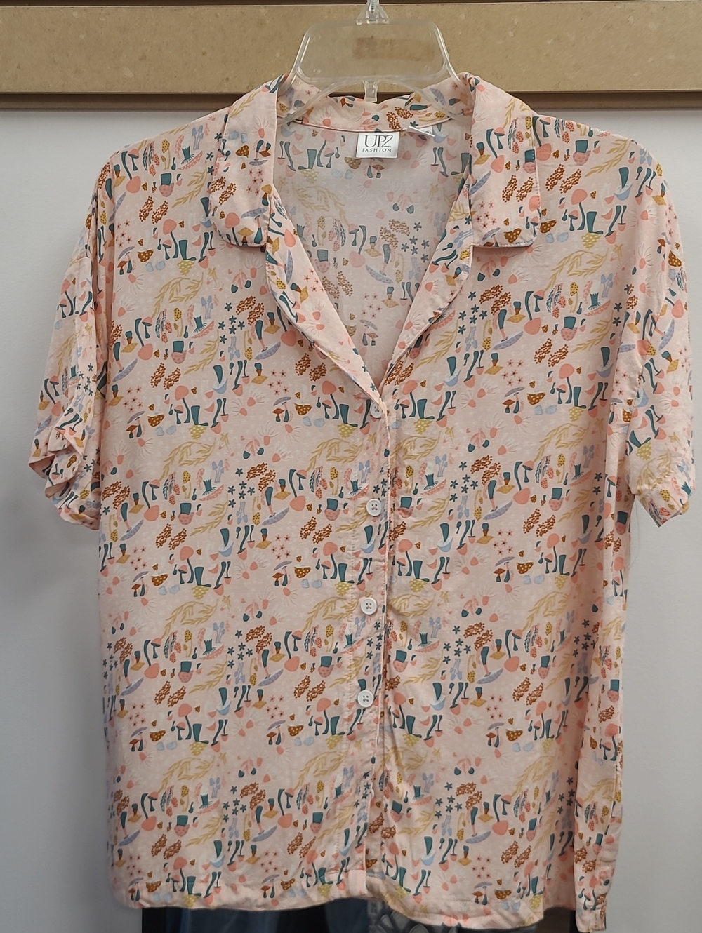 UP2 Style Pink Button-Up Short Sleeve Blouse with Botanical Print